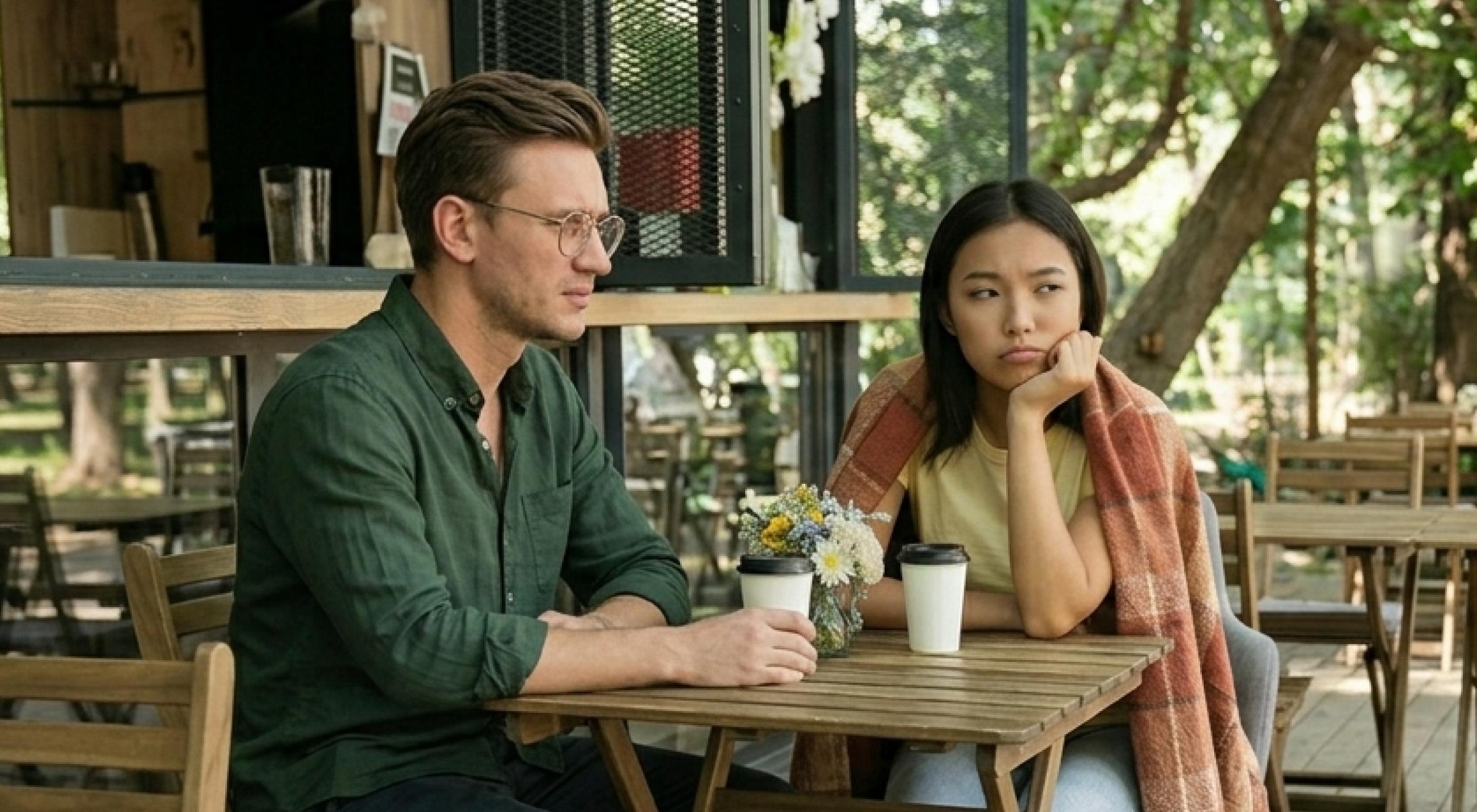 Man in a green shirt and woman with a pink shawl sitting across from each other at an outdoor café table, looking distant and avoiding eye contact