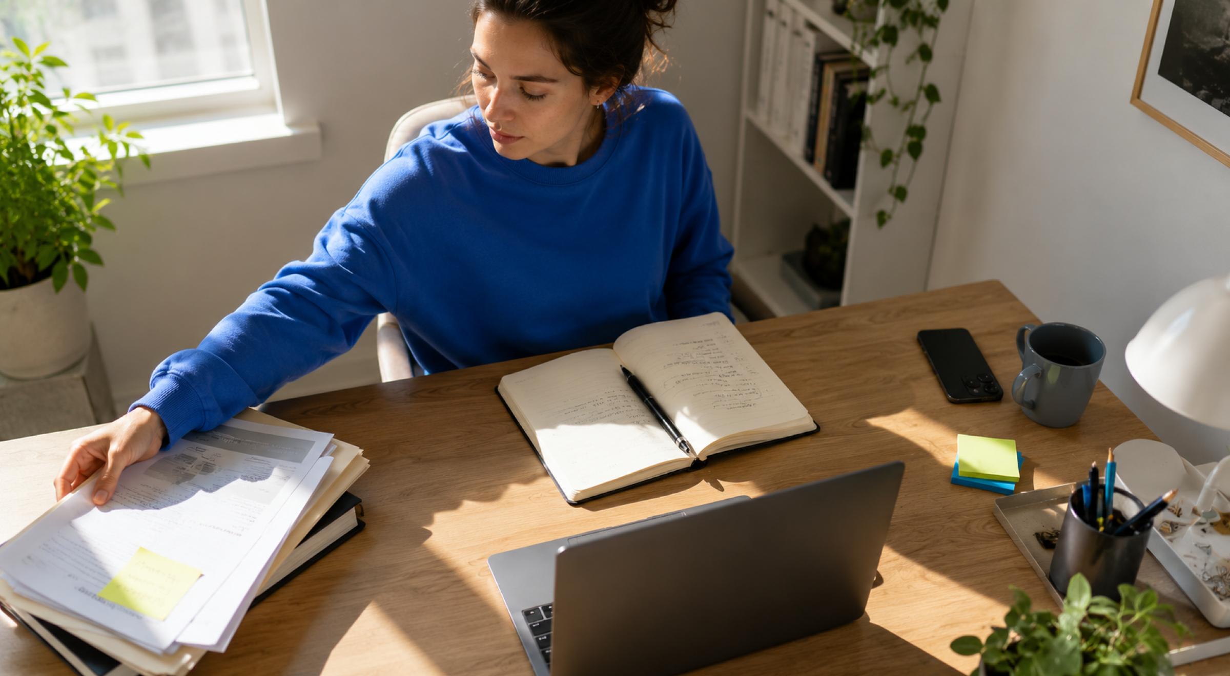 Woman in a blue sweatshirt working at a wooden desk with an open notebook, laptop, and books in a bright home office β productive work routine