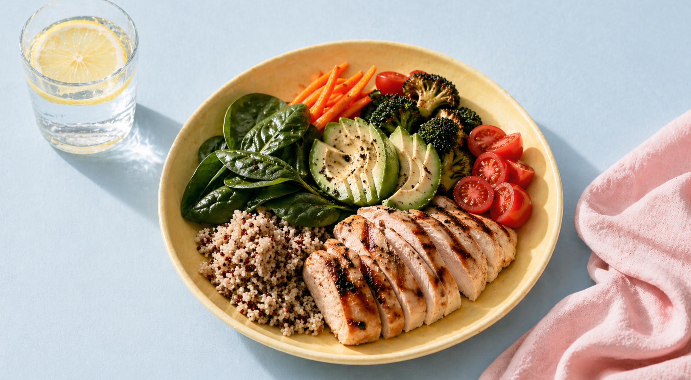 Yellow plate with grilled chicken, avocado, spinach, tomatoes, broccoli, and carrots next to a glass of lemon water on a blue surface for a healthy glow up appearance diet