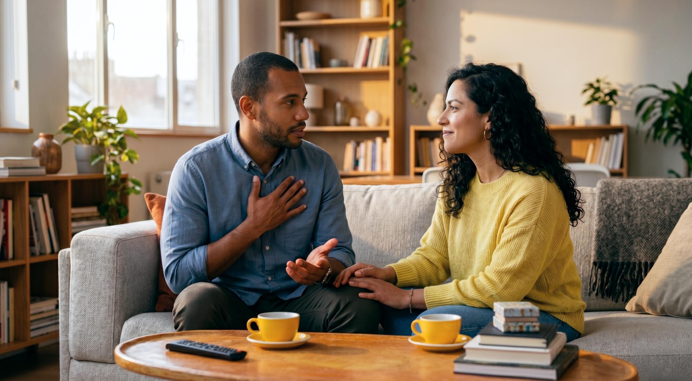 _Man and woman sitting on a couch having a calm, respectful conversation over coffee cups in a cozy home living room with bookshelves and plants in the background