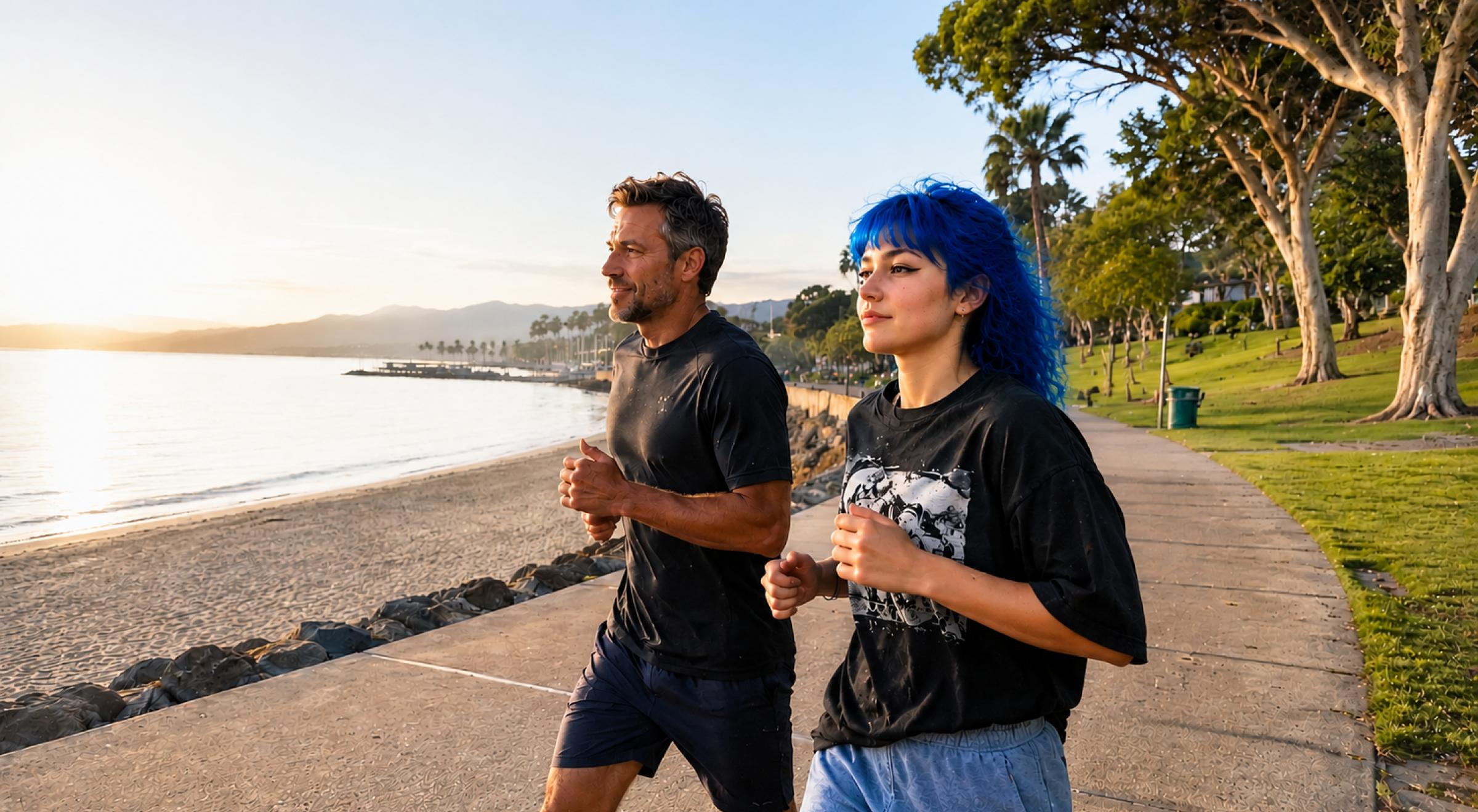 Middle-aged man and blue-haired teenage girl jogging together along a waterfront path at sunset with green trees and ocean in the background