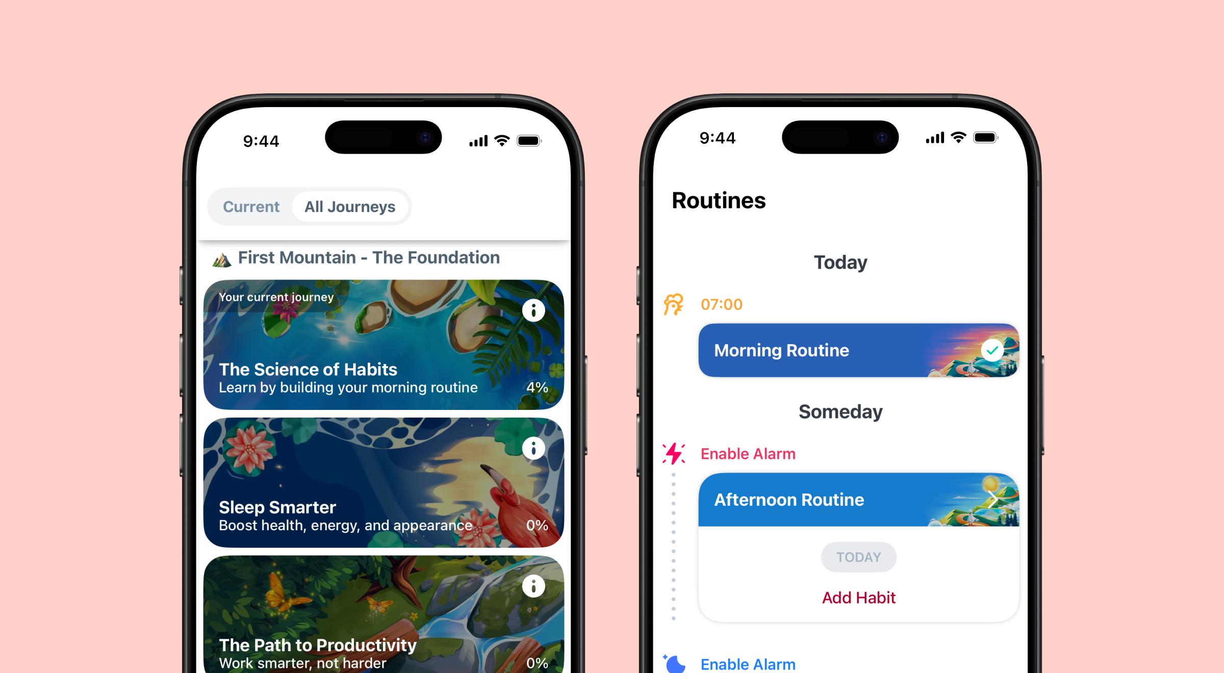 Fabulous app screens showing journey selection with habit programs like The Science of Habits and Sleep Smarter, and a routines scheduler with Morning and Afternoon Routine cards