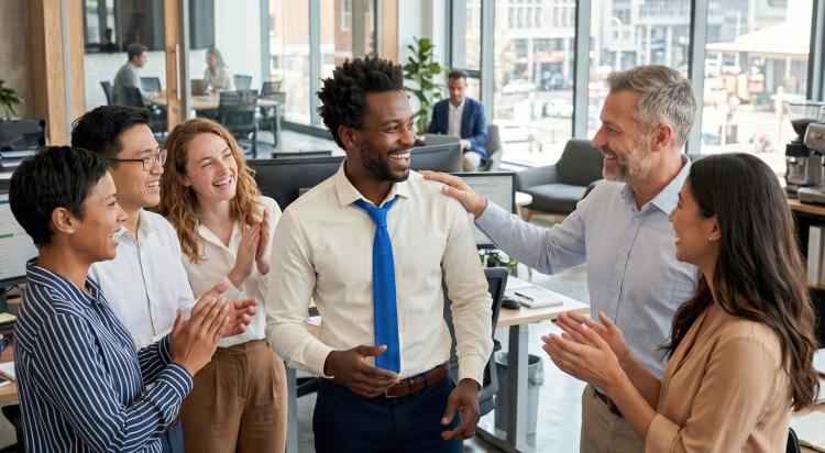 Charismatic man in a white shirt and blue tie being applauded and congratulated by diverse colleagues in a bright modern office, radiating natural magnetism and social confidence