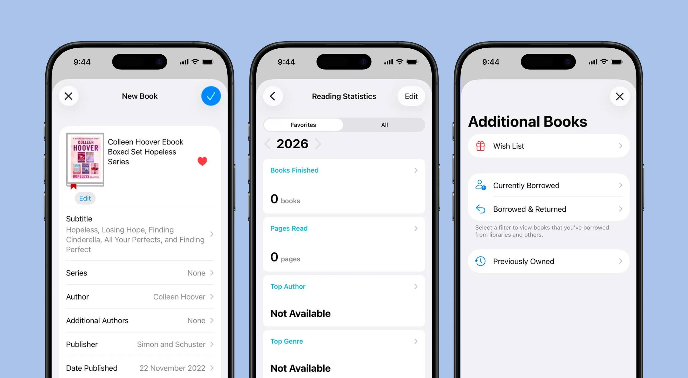Three iPhone screens showing Buddy Book app features including a new book entry for a Colleen Hoover boxed set, reading statistics for 2026, and additional books options like Wish List and Currently B