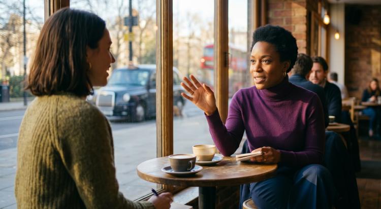 Two women having an engaged conversation over coffee at a café table by a window with a city street in the background — social intelligence skills