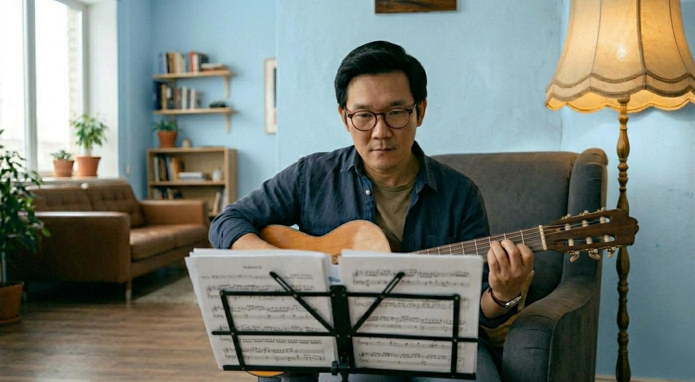Man playing acoustic guitar while reading sheet music from a stand in a cozy room with bookshelves and a lamp β growth mindset activities