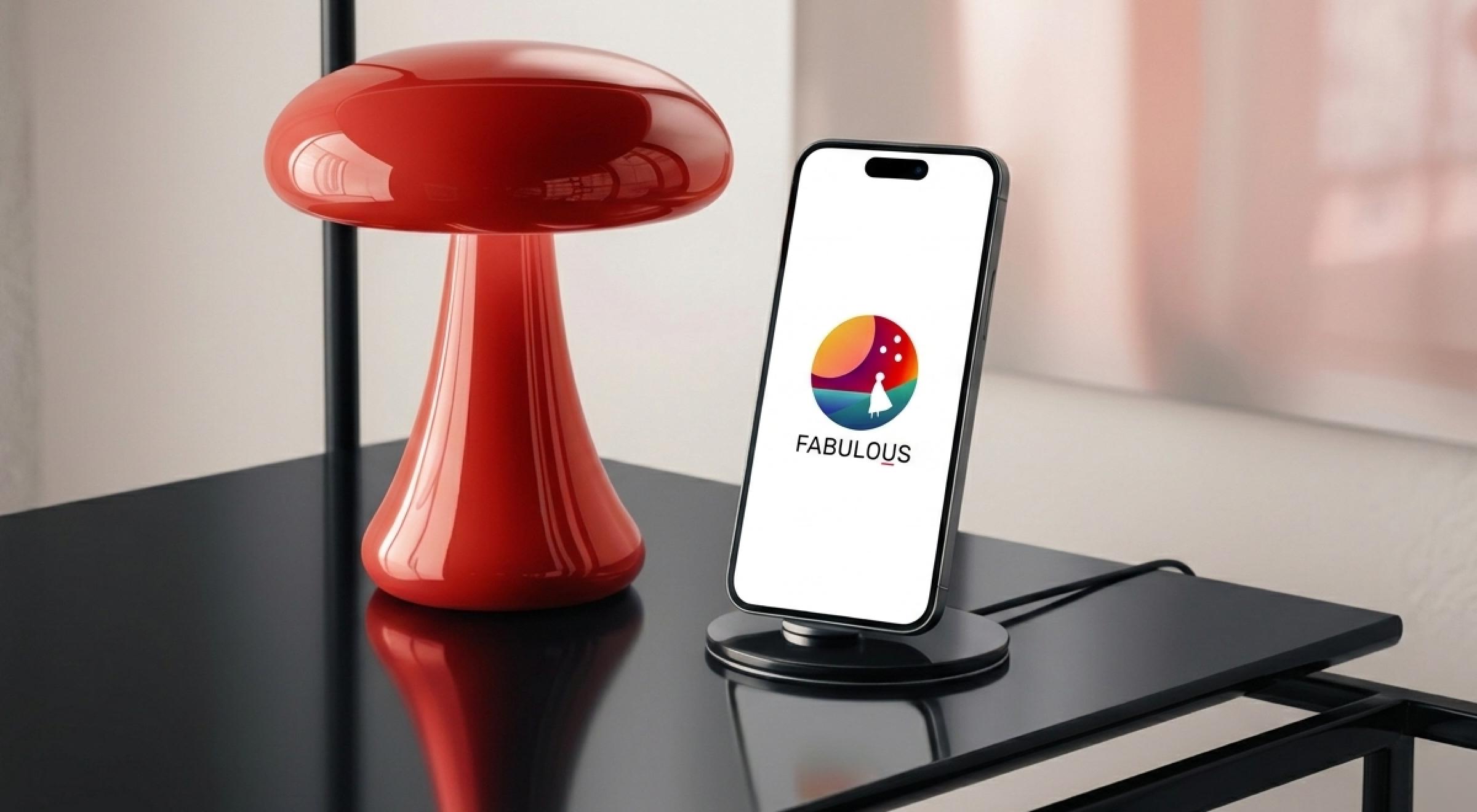iPhone in a phone stand displaying the Fabulous app logo on a black table next to a red mushroom-shaped lamp