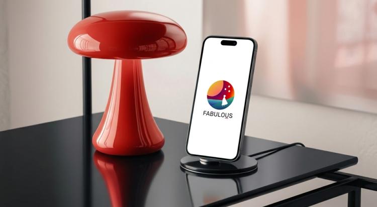 iPhone in a phone stand displaying the Fabulous app logo on a black table next to a red mushroom-shaped lamp