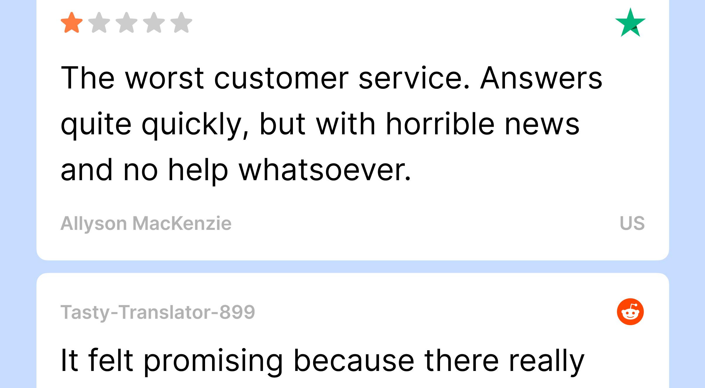 Mixed user reviews of Course Hero online learning platform showing a 2-star rating and a Reddit comment on a light blue background
