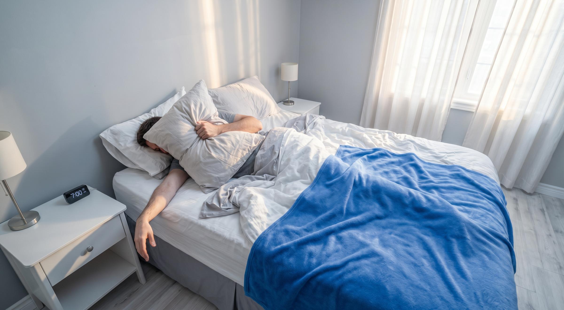 Person lying in bed under a blue blanket in a bright bedroom with a digital alarm clock on the nightstand β how to stop being lazy