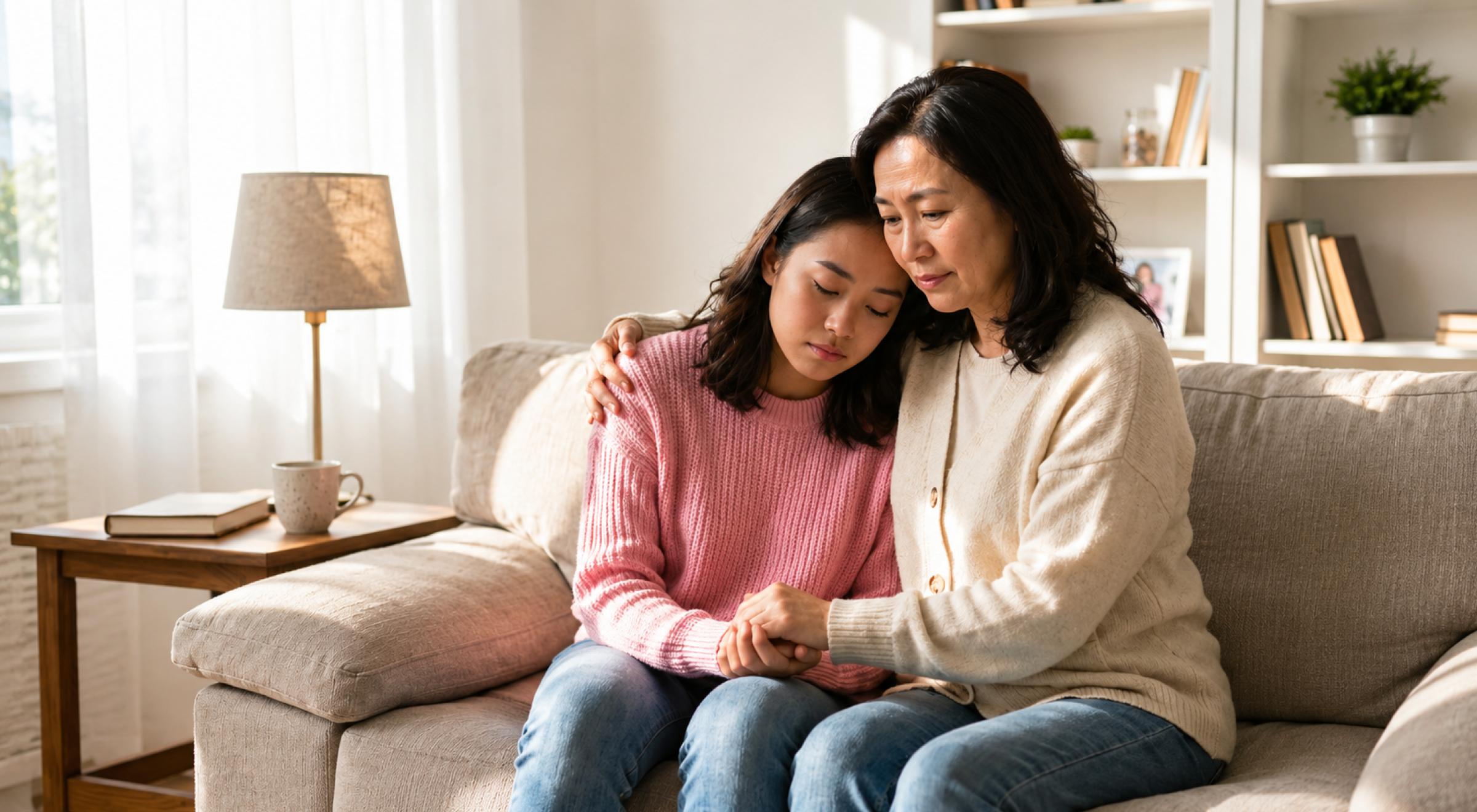 Older Asian woman in a cream sweater comforting a younger woman in pink on a beige sofa in a bright living room with bookshelves and a lamp in the background