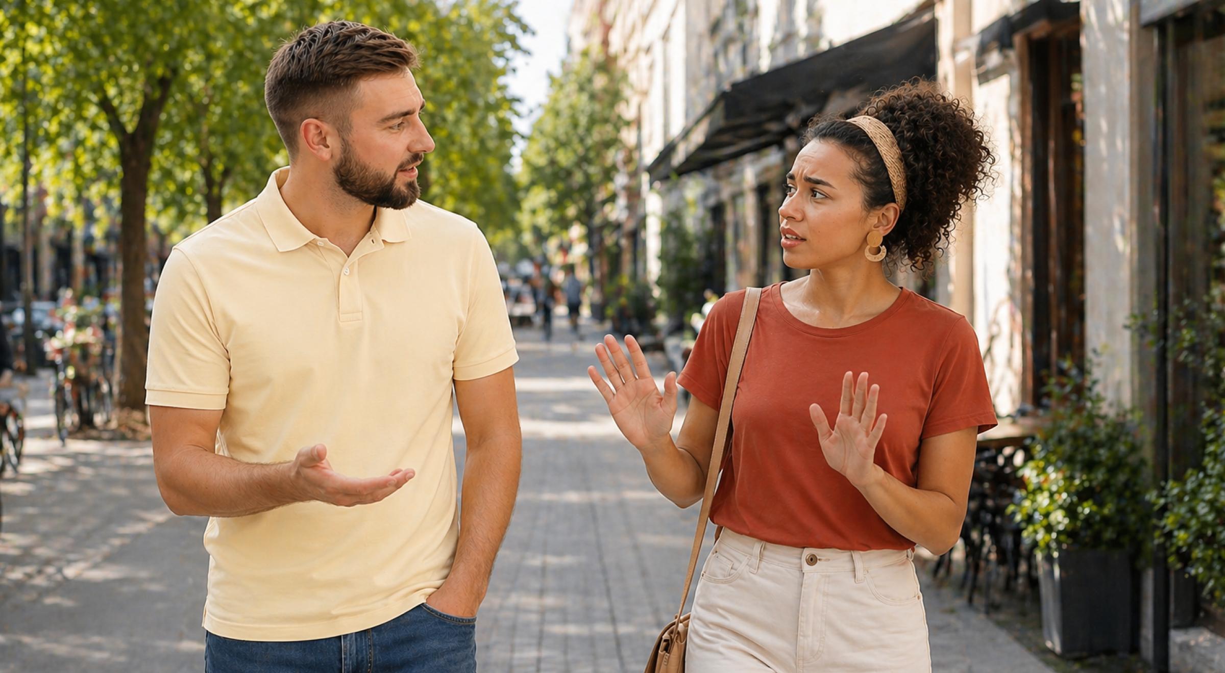 Man in yellow polo and woman in rust t-shirt having a tense conversation on a tree-lined city street, woman gesturing with raised hands to reject — couple practicing rejection skill and communication_