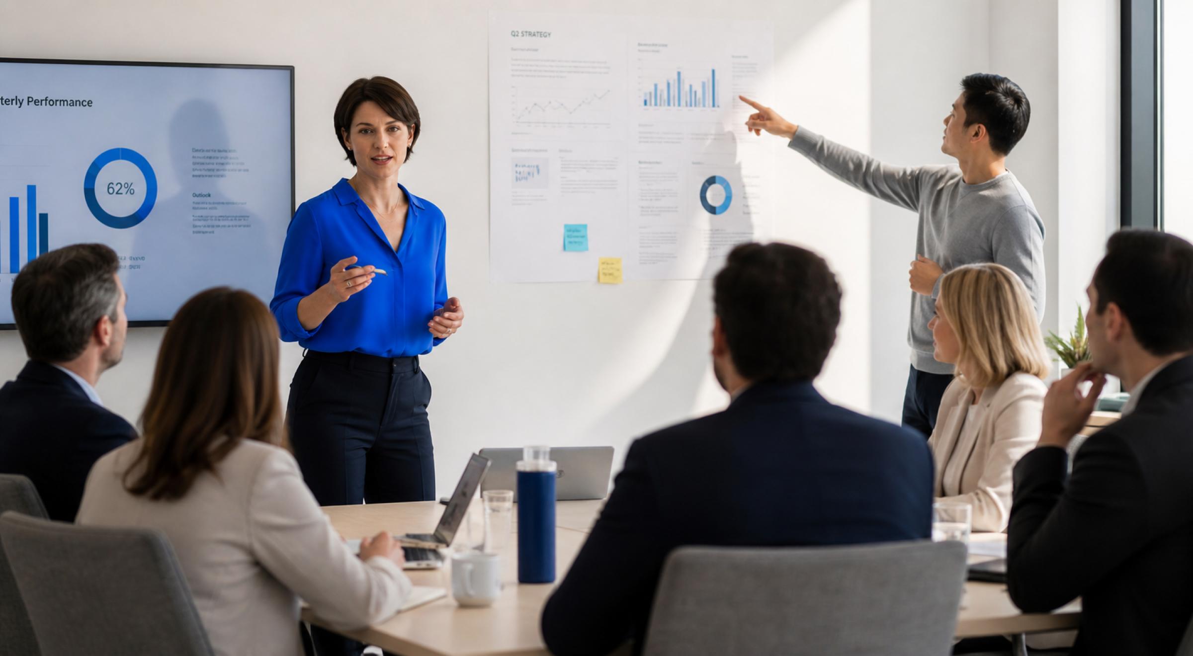 Woman in a blue blouse presenting business performance charts to a team in a modern conference room, with a colleague pointing at a printed report on the wall