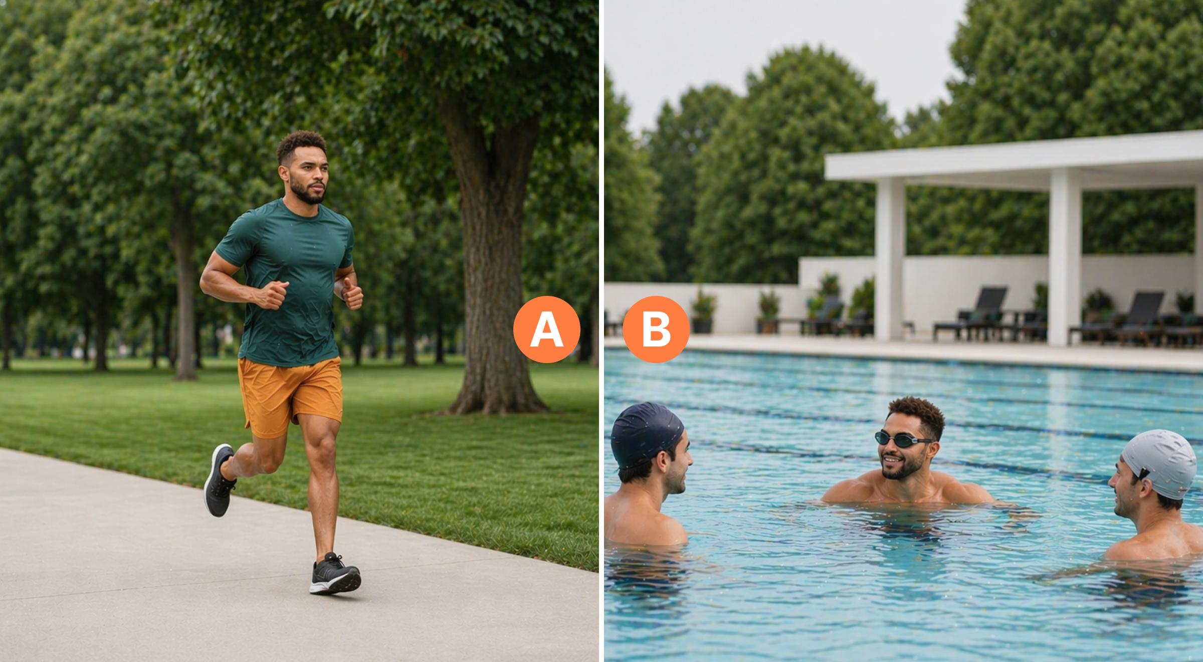 Man in green shirt and orange shorts jogging in a park, and a group of people socializing in an outdoor swimming pool — Type A vs Type B personality traits_