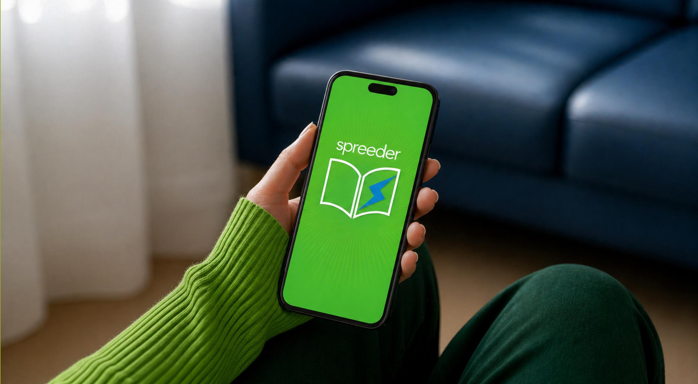 Hand in a green sweater holding a smartphone displaying the Spreeder app logo on a green screen, with a dark blue sofa in the background — Spreeder app review