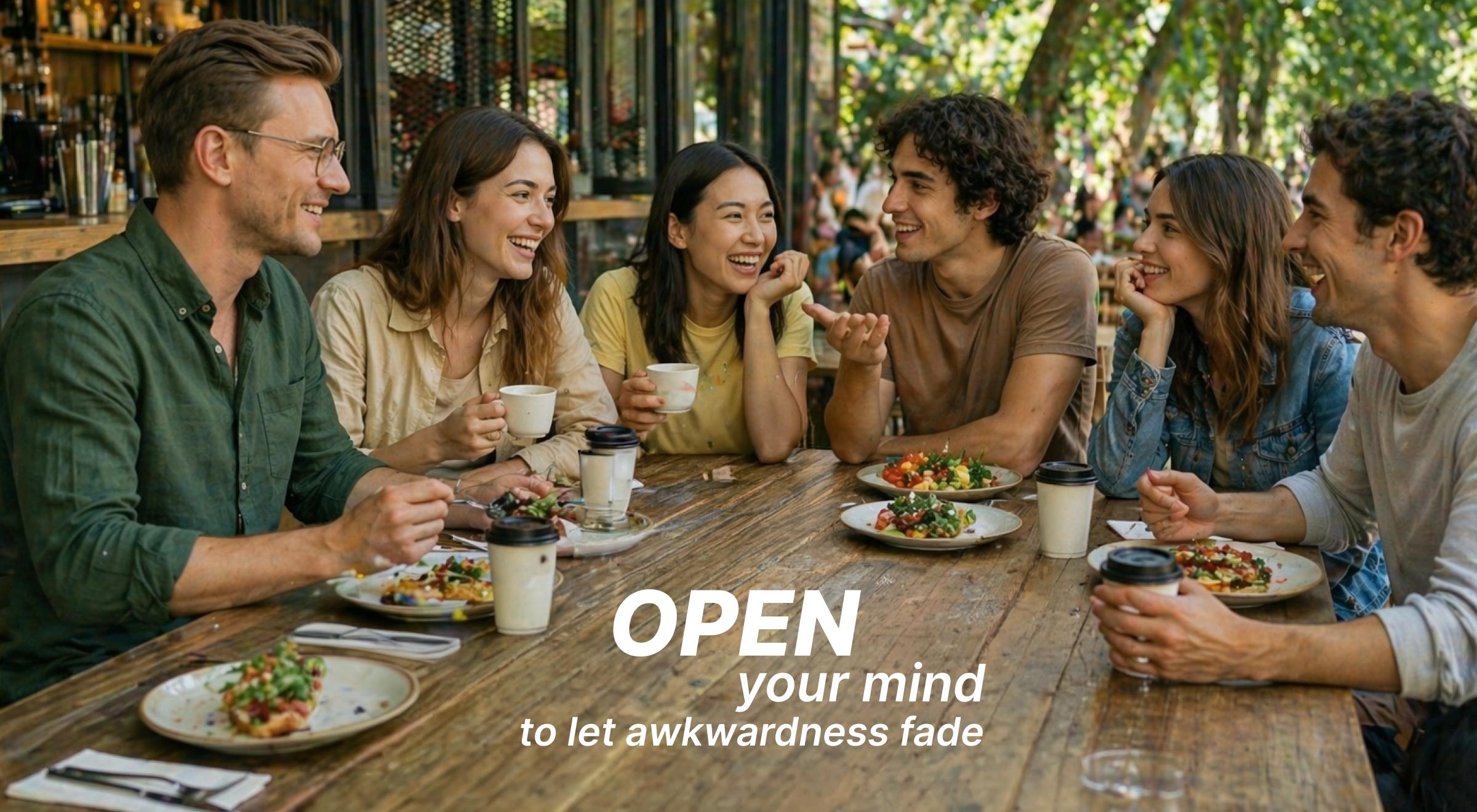 Group of six young adults laughing and enjoying food and coffee together at a wooden outdoor table surrounded by greenery
