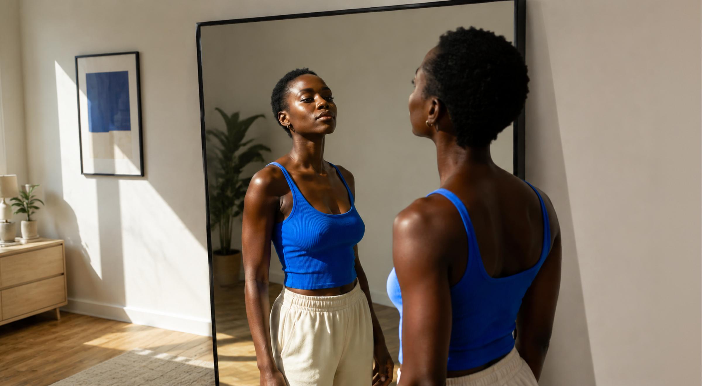 Young Black woman in a blue top and beige pants standing confidently before a large mirror in a bright modern room, reflecting self-awareness and personal growth