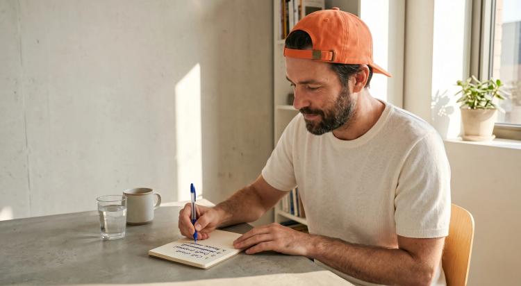 Man in an orange cap and cream t-shirt writing notes in a notebook at a concrete desk, with a glass of water and mug nearby, bright window and bookshelf in background