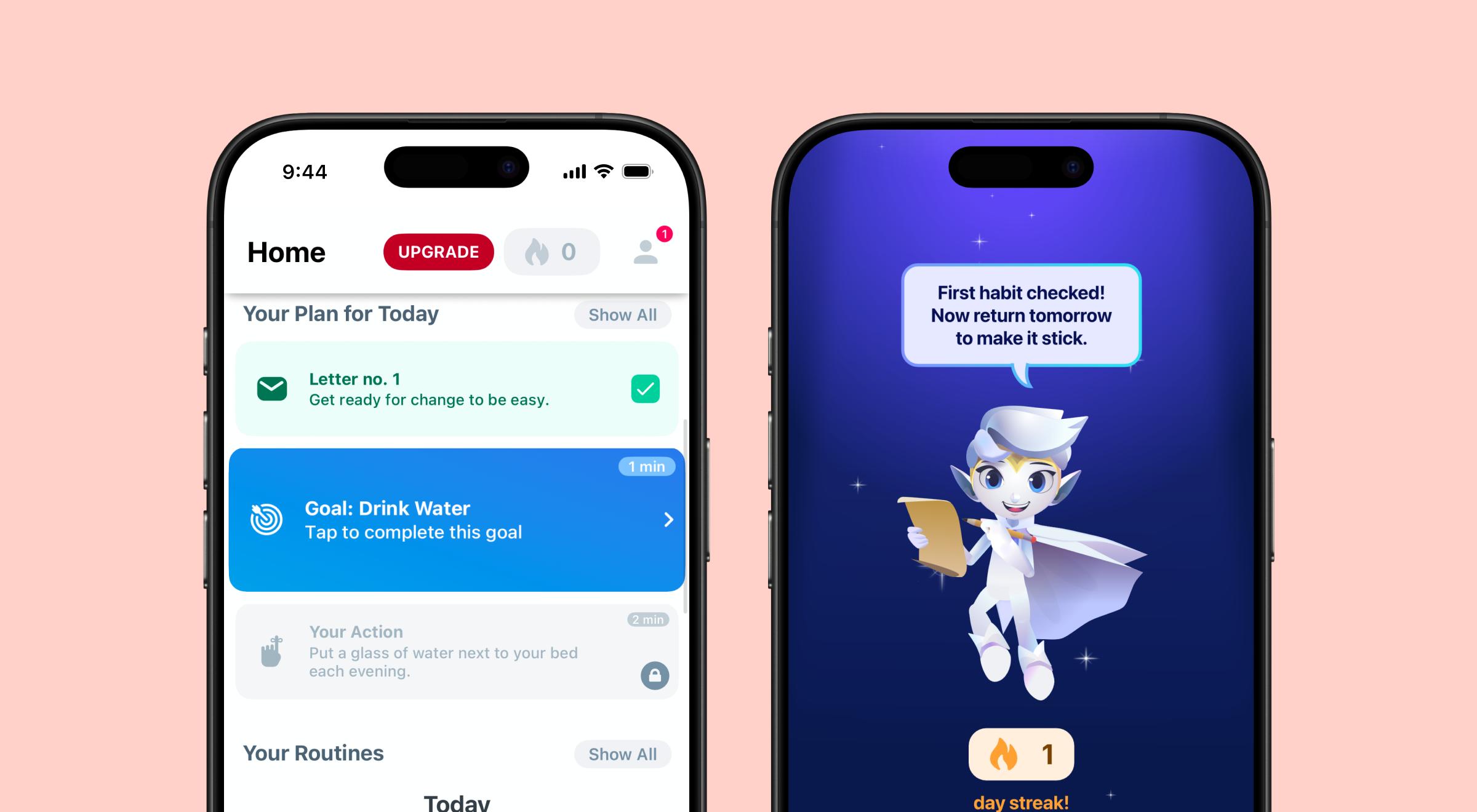 Fabulous app Home screen showing daily plan with drink water goal and letter task, alongside a purple notification screen with an animated fairy character celebrating the first completed habit and a d