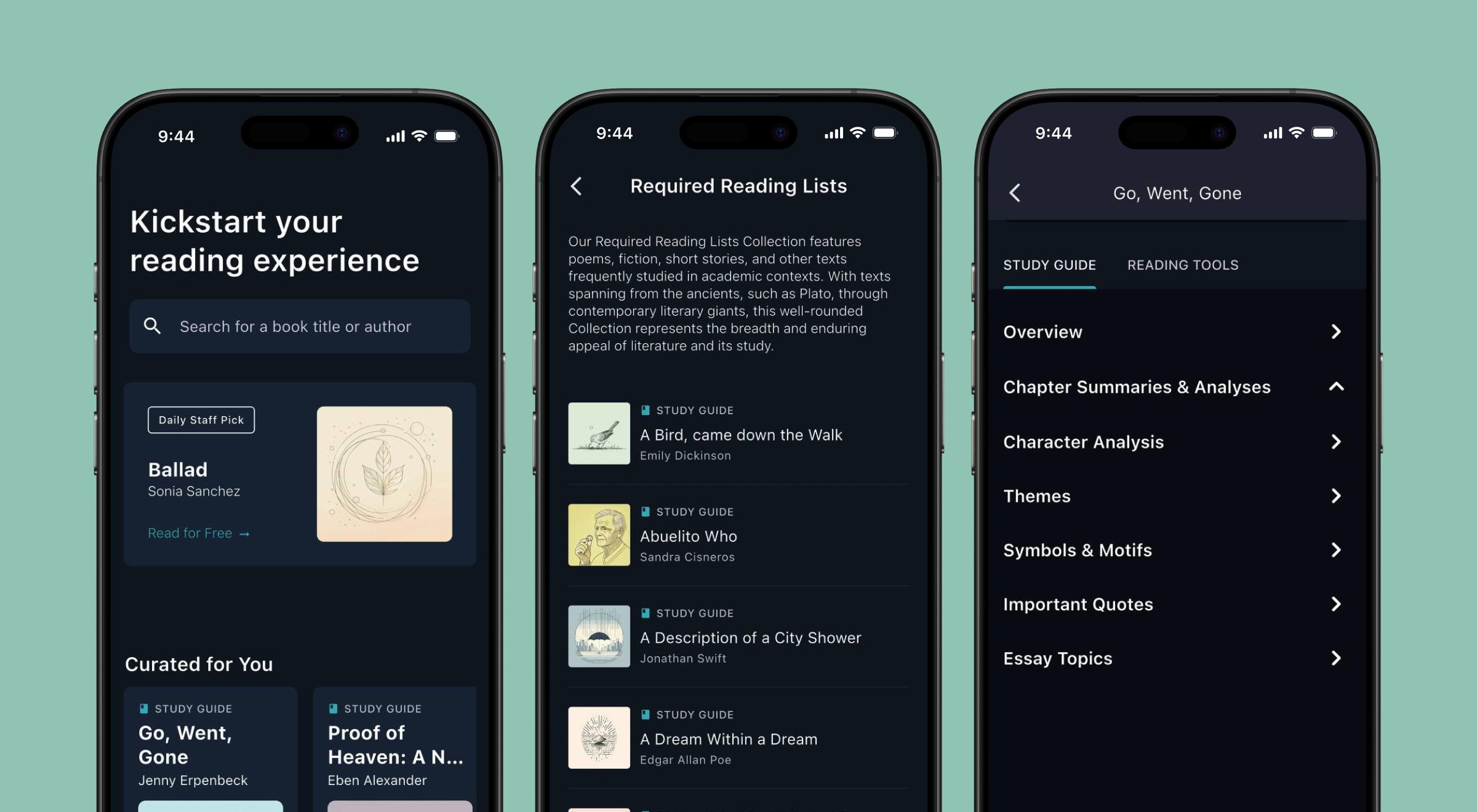 Three SuperSummary app screenshots on a teal background showing the home screen, Required Reading Lists, and a study guide with chapter summaries and analysis tools