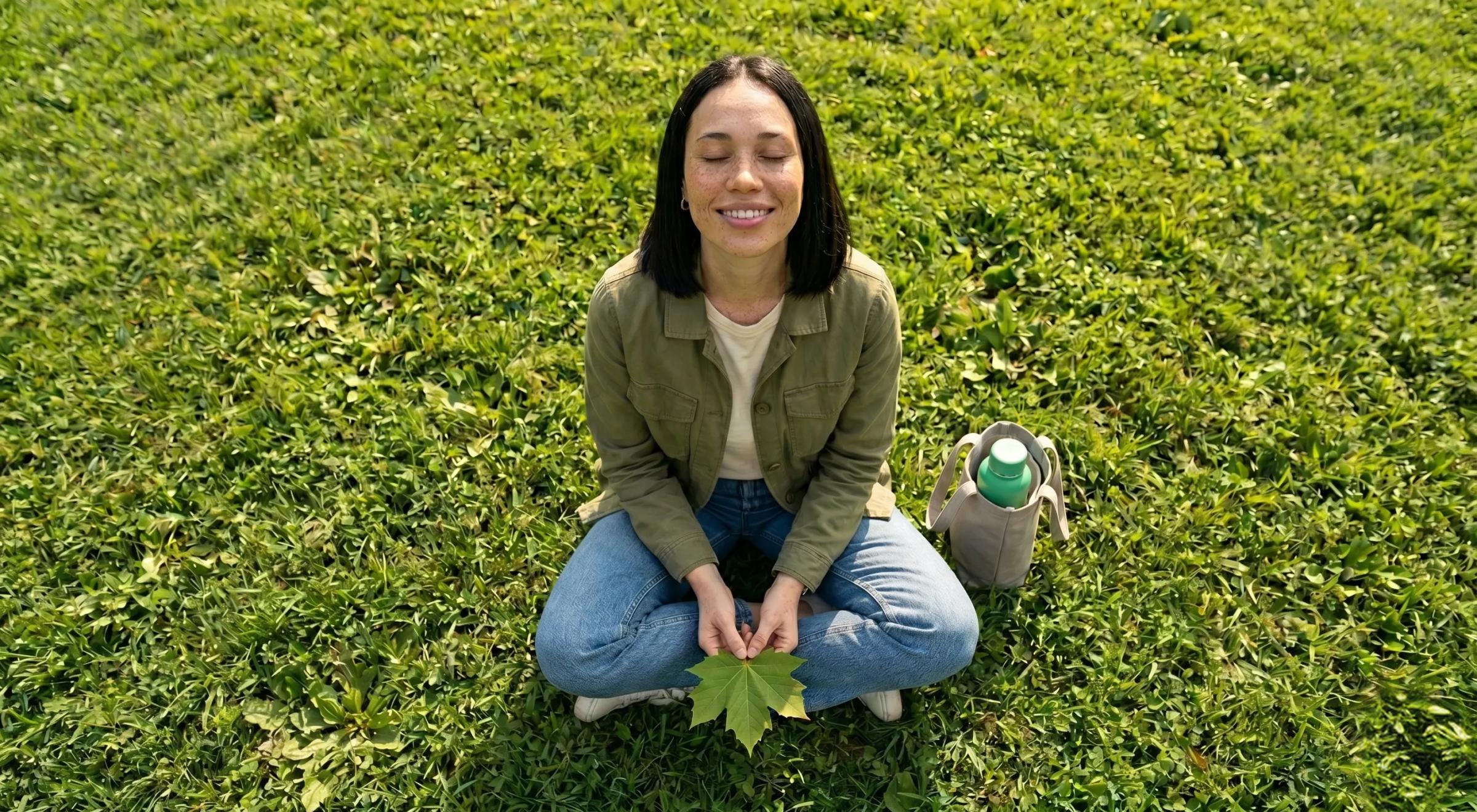 Young woman in a green jacket sitting cross-legged on a grass lawn with eyes closed, smiling peacefully, holding a green leaf with a small plant pot beside her