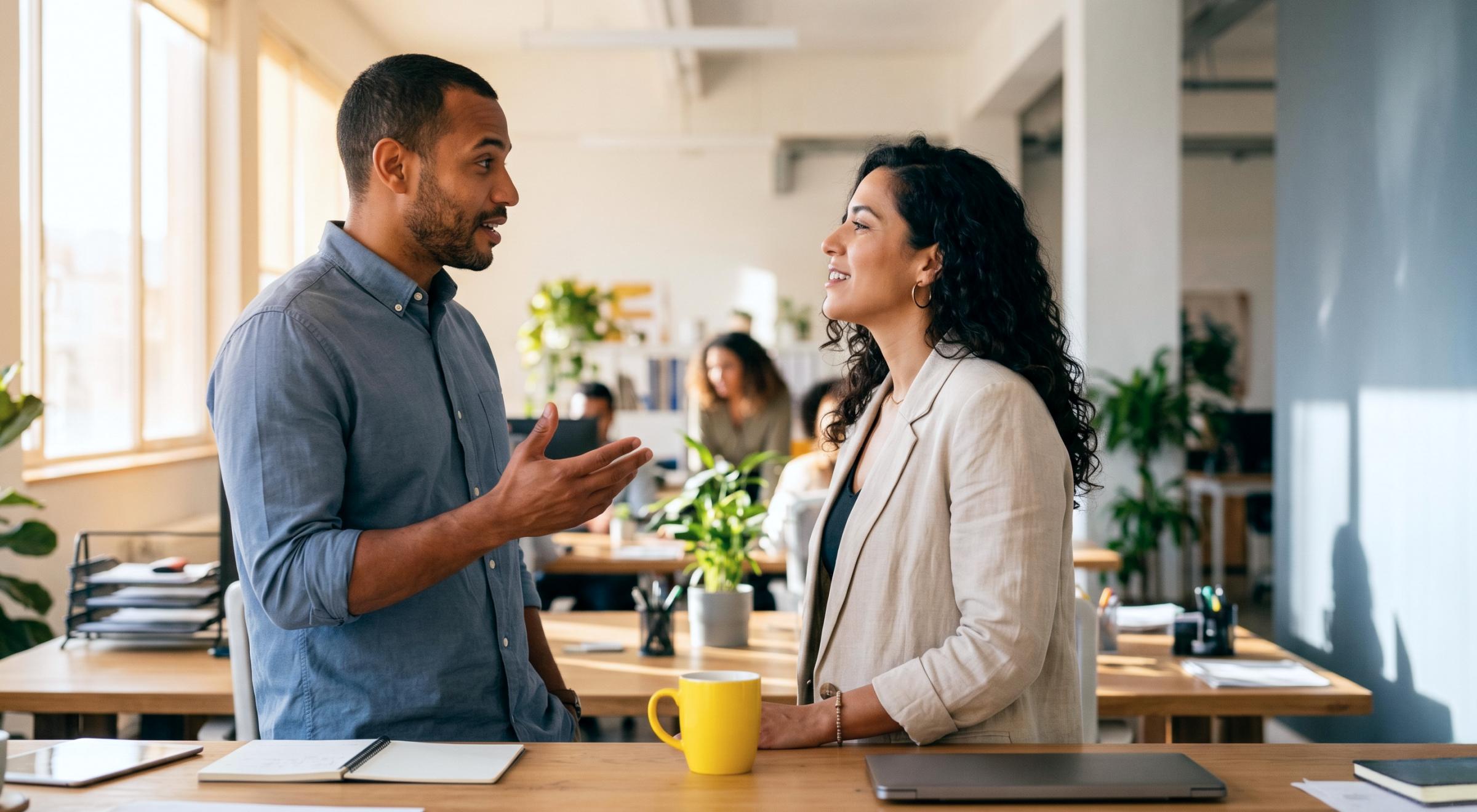 Man and woman having an engaged conversation in a modern open-plan office, with a yellow mug and laptop on the desk and colleagues working in the background