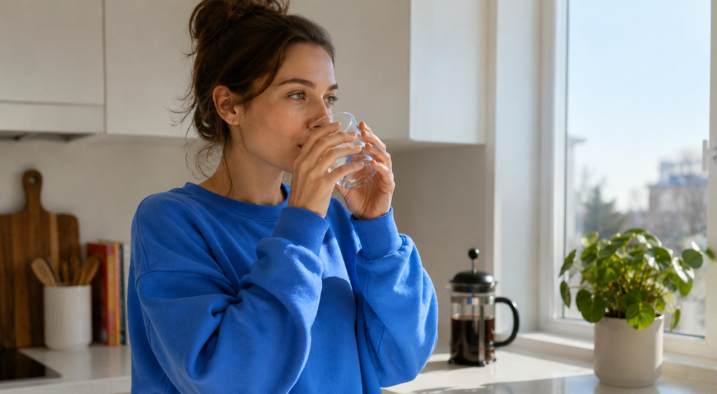 Young woman in a blue sweatshirt drinking a glass of water in a bright kitchen with plants and a French press β healthy morning routine habit