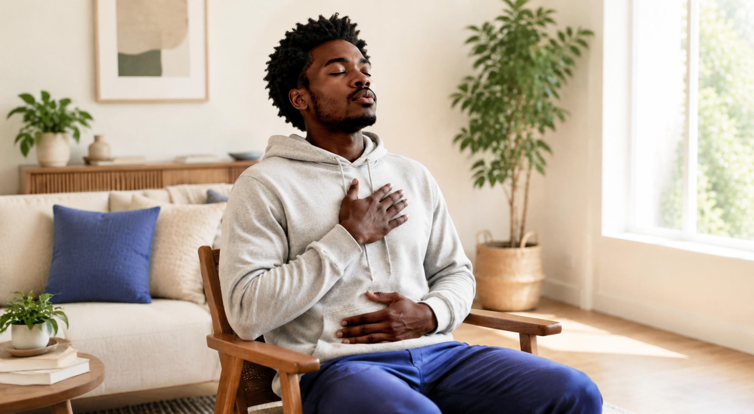 Black man in a white hoodie and blue pants sitting on a wooden chair with eyes closed, hands on chest practicing mindful breathing in a bright beige living room