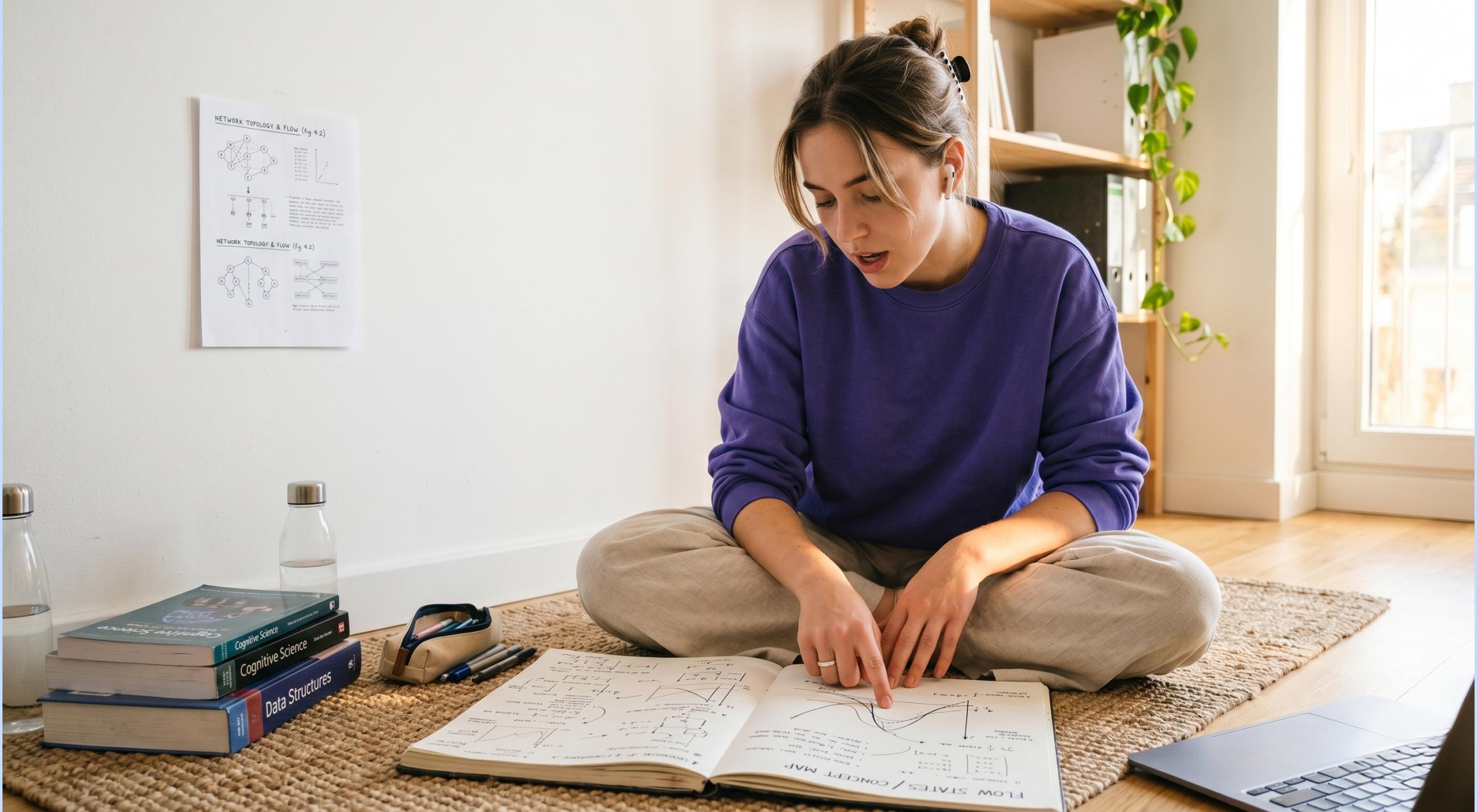 Young woman in a purple sweater sitting cross-legged on a floor rug, reading an open book surrounded by stacked textbooks and a laptop in a bright home setting