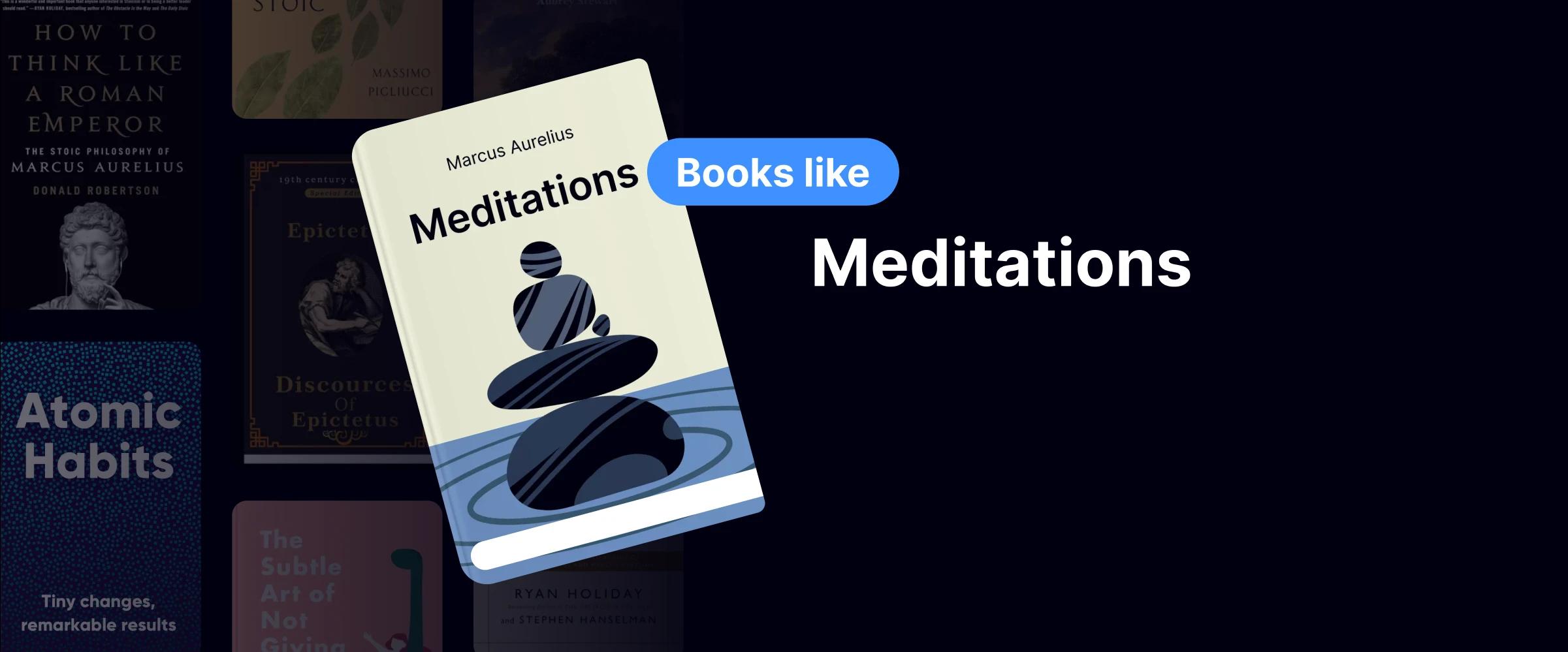 Book cover of Meditations by Marcus Aurelius with stacked stones representing balance and stoic philosophy