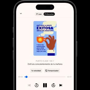 Headway app audio summary player on a smartphone showing a colorful book cover about morning habits with playback controls and a progress bar on a cream background