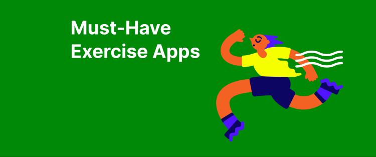 Illustration of a person running in sportswear on a green background with arrows, introducing the 15 best workout apps