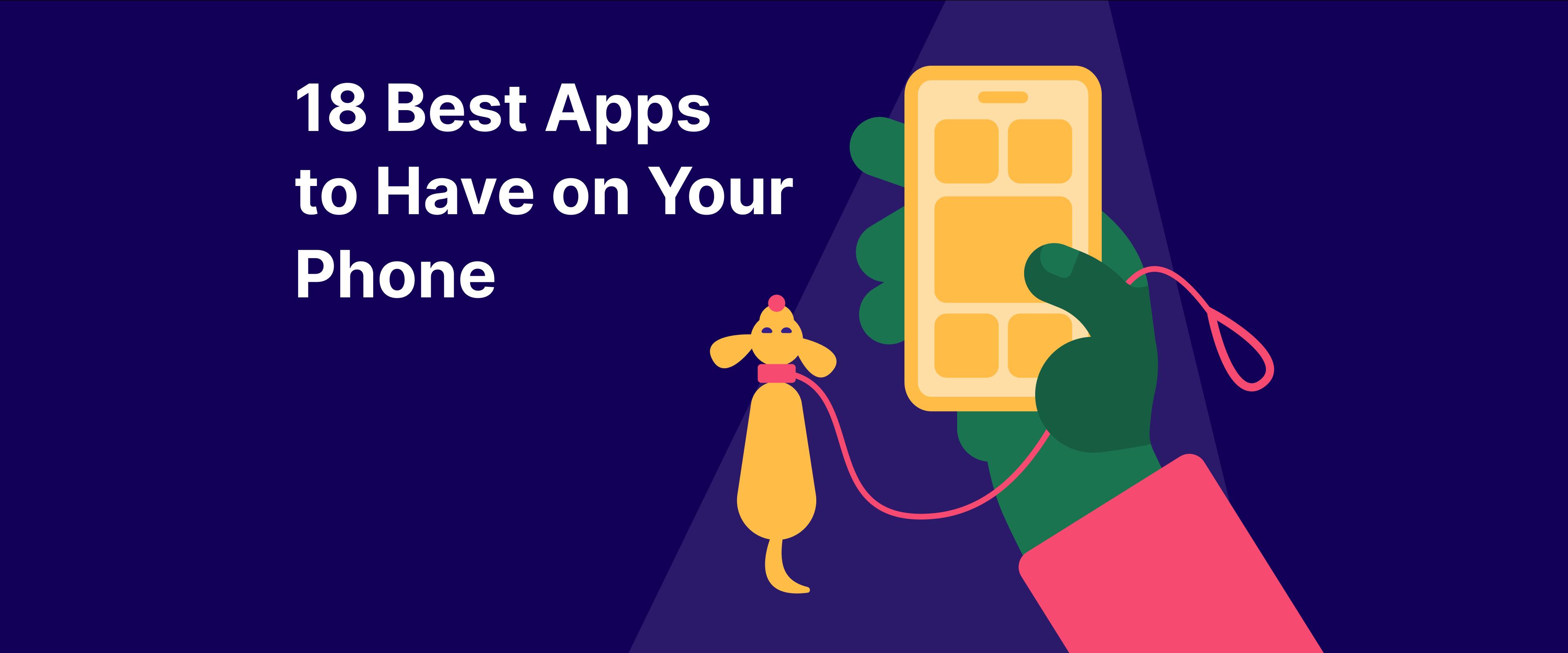 essential-phone-apps-a-person-walks-a-dog-and-holds-a-smartphone-with-apps-on-the-hand