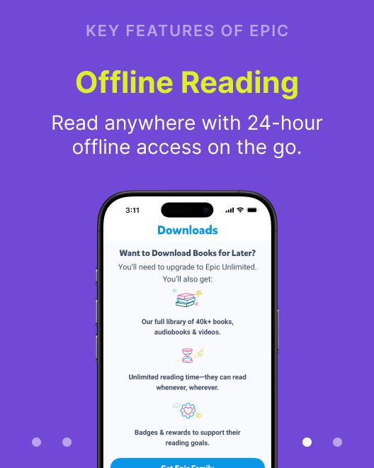 Epic reading app on smartphone showing offline reading feature with Downloads screen, highlighting book library access
