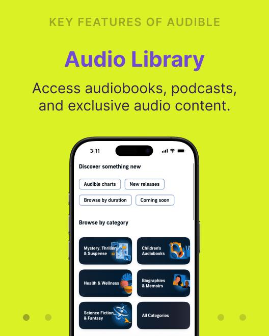 Audible app on a smartphone showing the Audio Library with audiobook categories, one of the top apps for book lovers on a bright green background