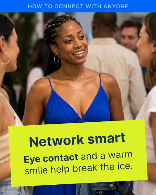 Smiling woman in a blue dress making eye contact while networking at a social event, illustrating how to talk to anyone