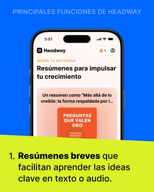 Reseña de Headway mostrada en un teléfono con la app abierta en resúmenes personalizados para impulsar el crecimiento, sobre fondo azul y texto sobre aprender ideas clave en texto o audio