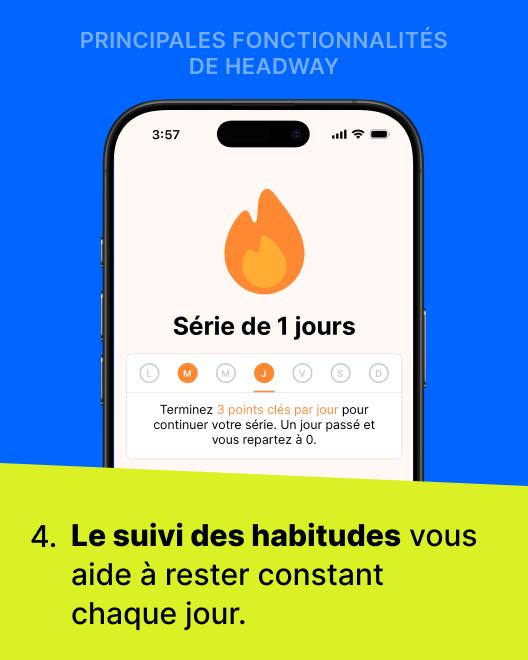 Avis sur Headway montrant la fonctionnalité de suivi des habitudes avec une flamme orange et un compteur de série quotidienne sur l'écran d'un smartphone sur fond bleu et vert