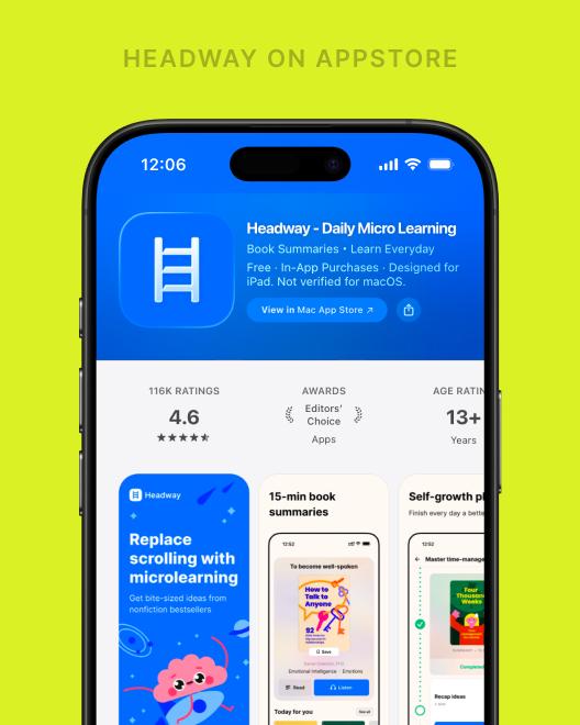 Headway app page on the App Store shown on an iPhone, featuring a 46 rating, Editors' Choice award, and daily micro learning book summaries on a lime green background