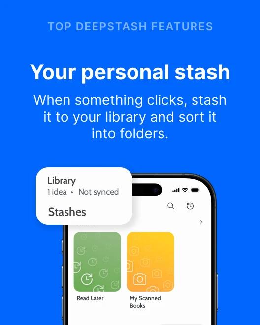 Deepstash app personal stash feature with a library screen displaying organized reading folders on a blue background