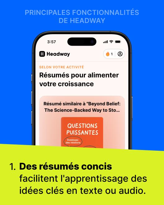Smartphone affichant l'application Headway avec des résumés personnalisés pour la croissance, illustrant un avis sur Headway sur fond bleu et vert vif