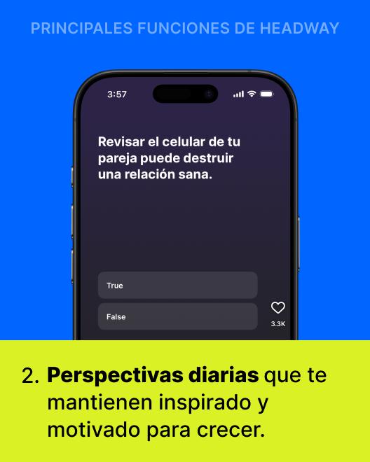 Reseña de Headway mostrando una función de perspectivas diarias en un celular con una pregunta de verdadero o falso sobre relaciones sanas, sobre fondo azul