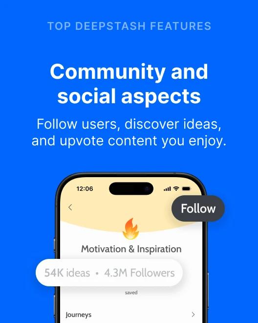 Deepstash app community feature screen showing a Motivation and Inspiration profile with followers count on a blue background