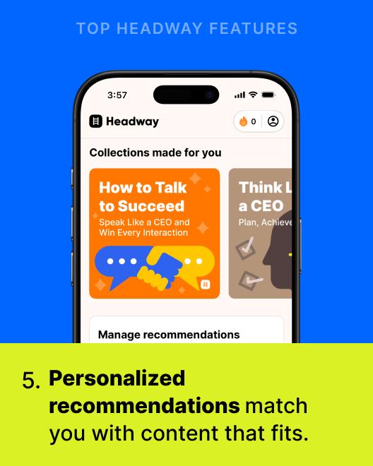 Headway app features on a smartphone showing personalized book collections like How to Talk to Succeed against a bright blue background with a green banner below