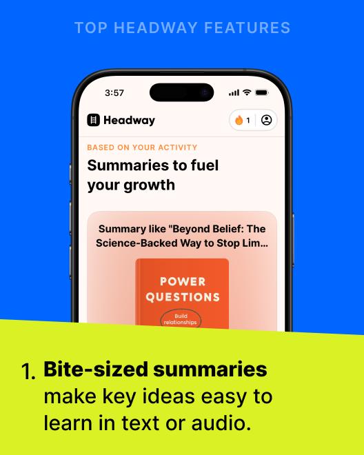 Smartphone displaying Headway app features with personalized book summaries like Power Questions on a blue background, highlighting bite-sized summaries for easy learning in text or audio