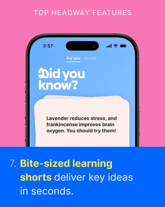 Smartphone showing the Headway app Did you know feature with a bite-sized learning card, set against a pink background highlighting top Headway features