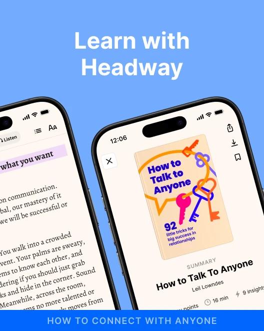 Two smartphones on blue background showing the Headway app with the book summary How to Talk to Anyone by Leil Lowndes a
