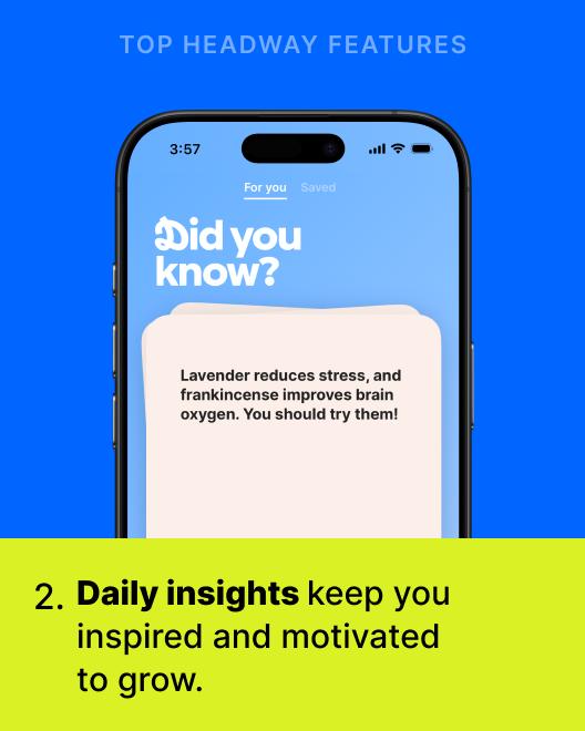 Smartphone displaying the Headway app Did you know daily insights screen with a fact card, highlighting top Headway app features that keep users inspired and motivated