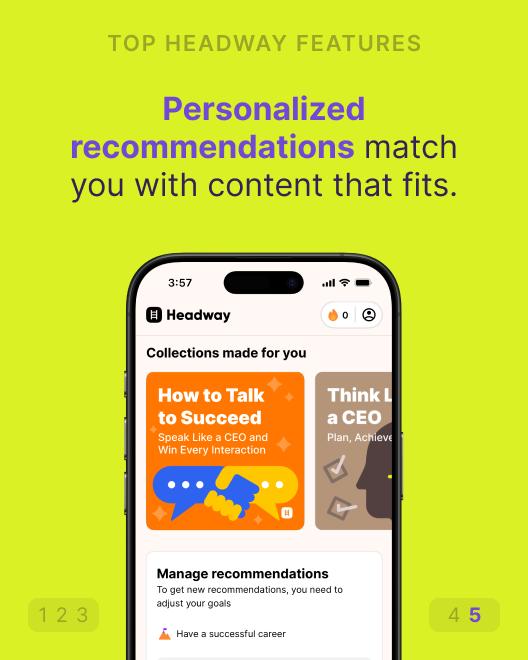 Headway app on a smartphone showing personalized recommendations and collections like How to Talk to Succeed, one of the top book apps for book lovers, on a lime green background