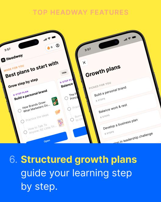 Two smartphones showing the Headway app's structured growth plans feature with step-by-step learning paths like building a personal brand and balancing work and rest on a yellow and blue background